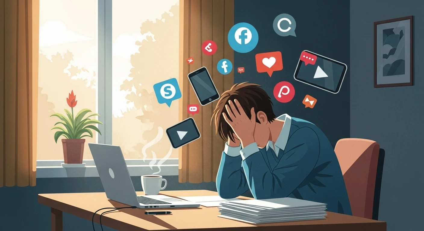 Illustration of a person holding their head at their desk in the morning.